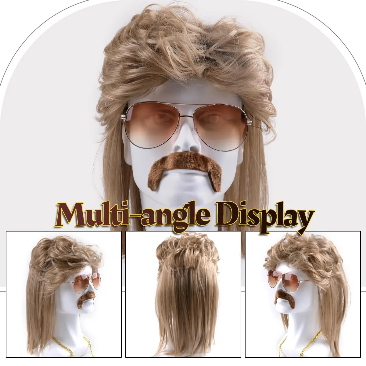 MOVINPE 80s Mullet Wig for Men 80s Wigs Rocker Accessories Sunglass Necklace Moustache Halloween Costume 1980s 1990s Party (Long/Mullet/Brown)