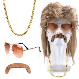 MOVINPE 80s Mullet Wig for Men 80s Wigs Rocker Accessories Sunglass Necklace Moustache Halloween Costume 1980s 1990s Party (Long/Mullet/Brown)