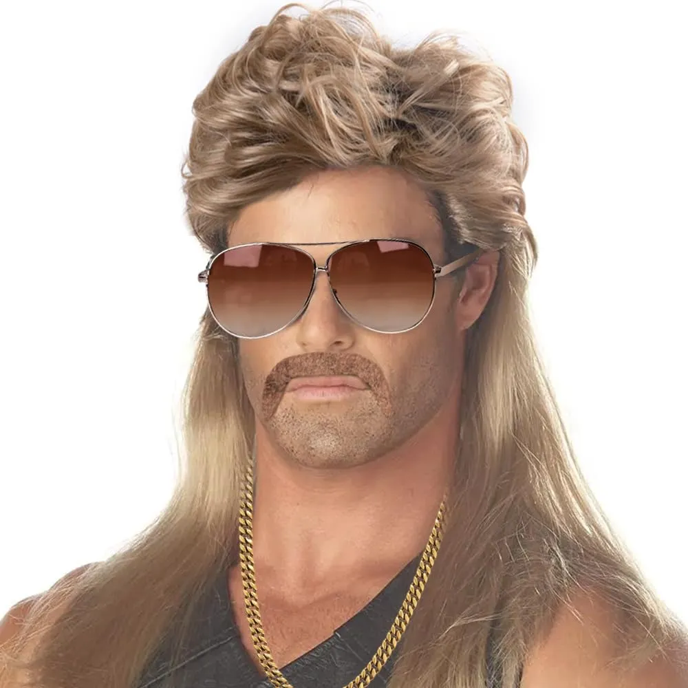 MOVINPE 80s Mullet Wig for Men 80s Wigs Rocker Accessories Sunglass Necklace Moustache Halloween Costume 1980s 1990s Party (Long/Mullet/Brown)
