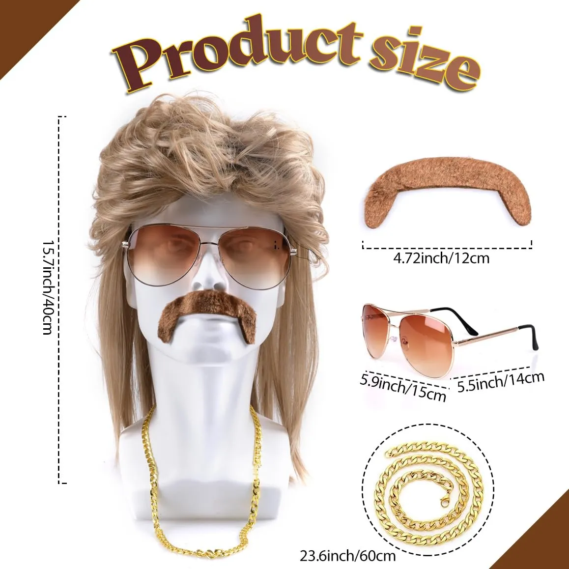 MOVINPE 80s Mullet Wig for Men 80s Wigs Rocker Accessories Sunglass Necklace Moustache Halloween Costume 1980s 1990s Party (Long/Mullet/Brown)