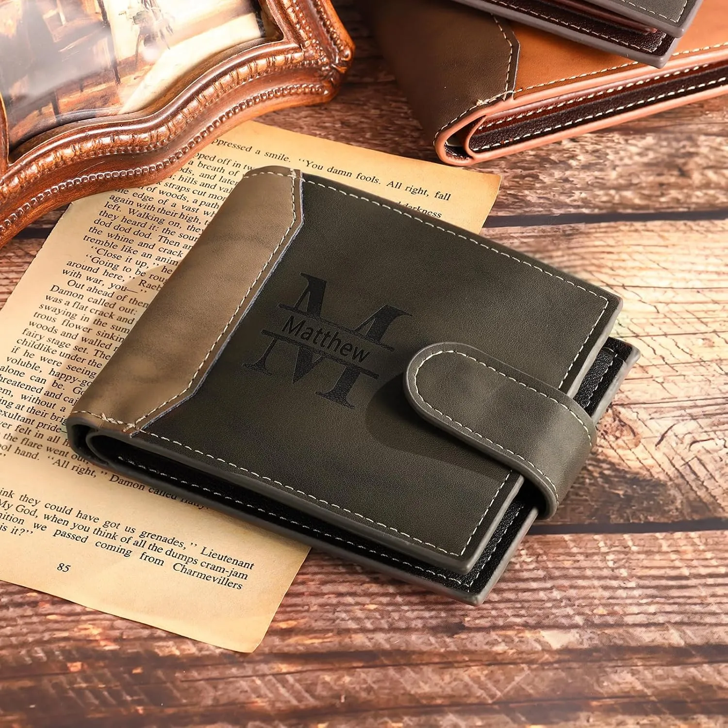 Personalized Photo Mens Wallets Leather: Custom Initial Name Bi-fold Wallet for Men Father - Men's wallets Wallet for Dad Boyfriend Grandpa Birthday Gift (Dark Coffee Photo Name)