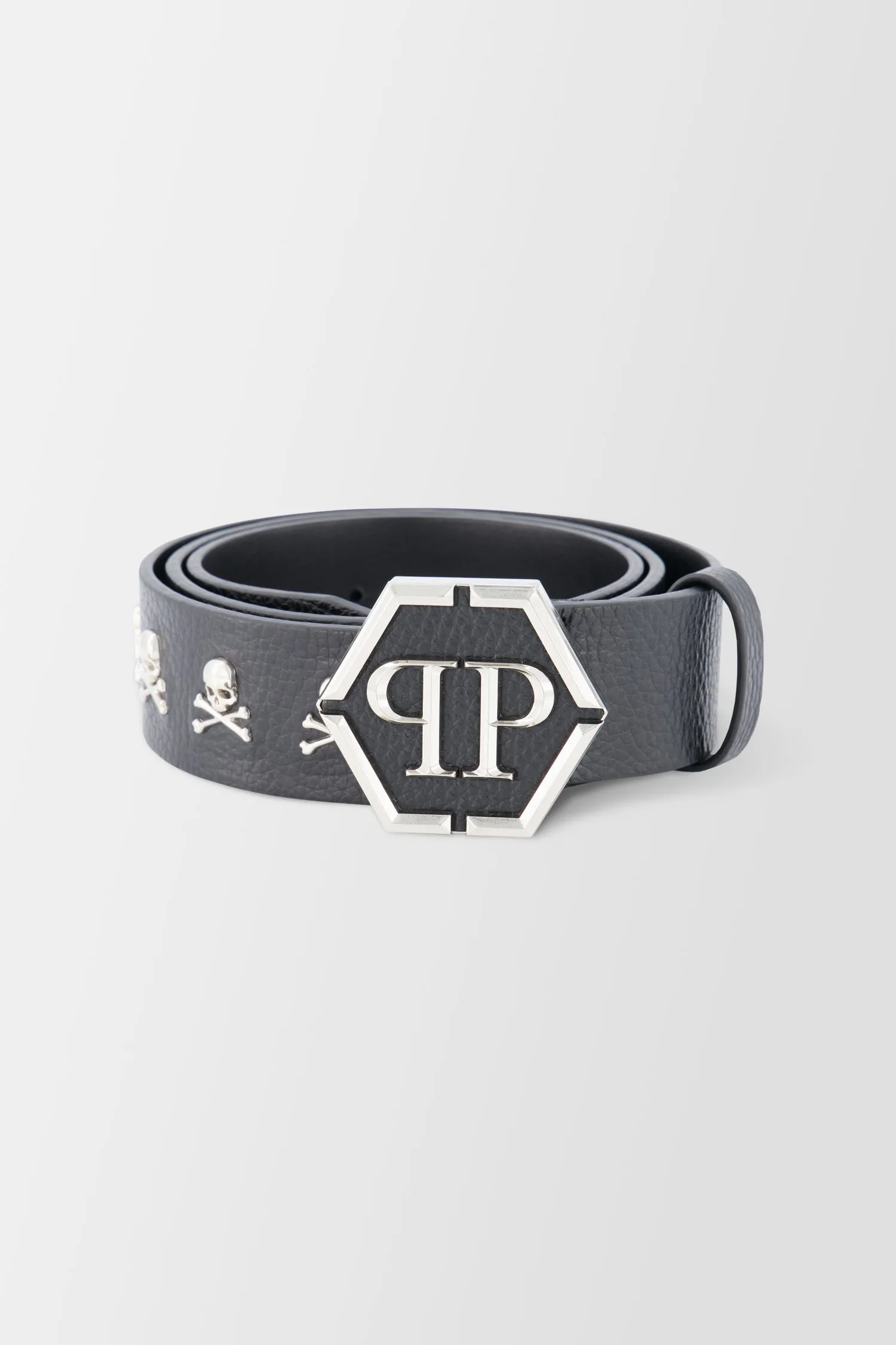 Philipp Plein Black/Silver Leather Skull Studs Belt