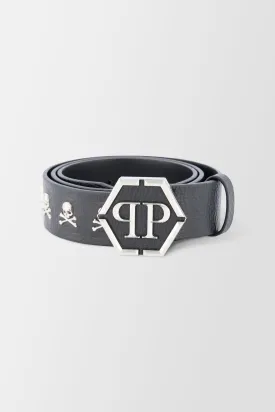 Philipp Plein Black/Silver Leather Skull Studs Belt