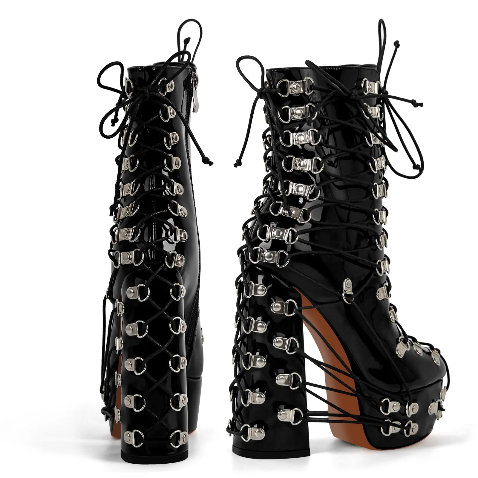 Platform Metal Buckles Lace-up Chunky Heel Ankle Boots