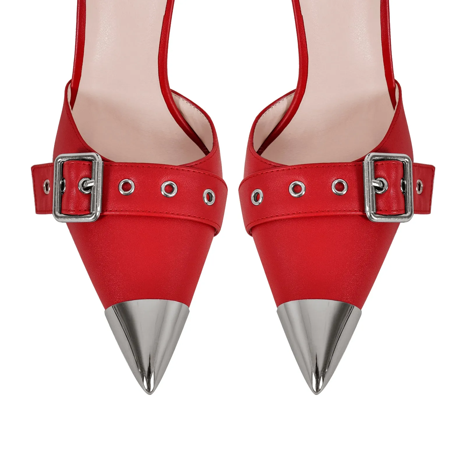 Pointed Metal Toe Stiletto Double Ankle Strap Denim Pumps