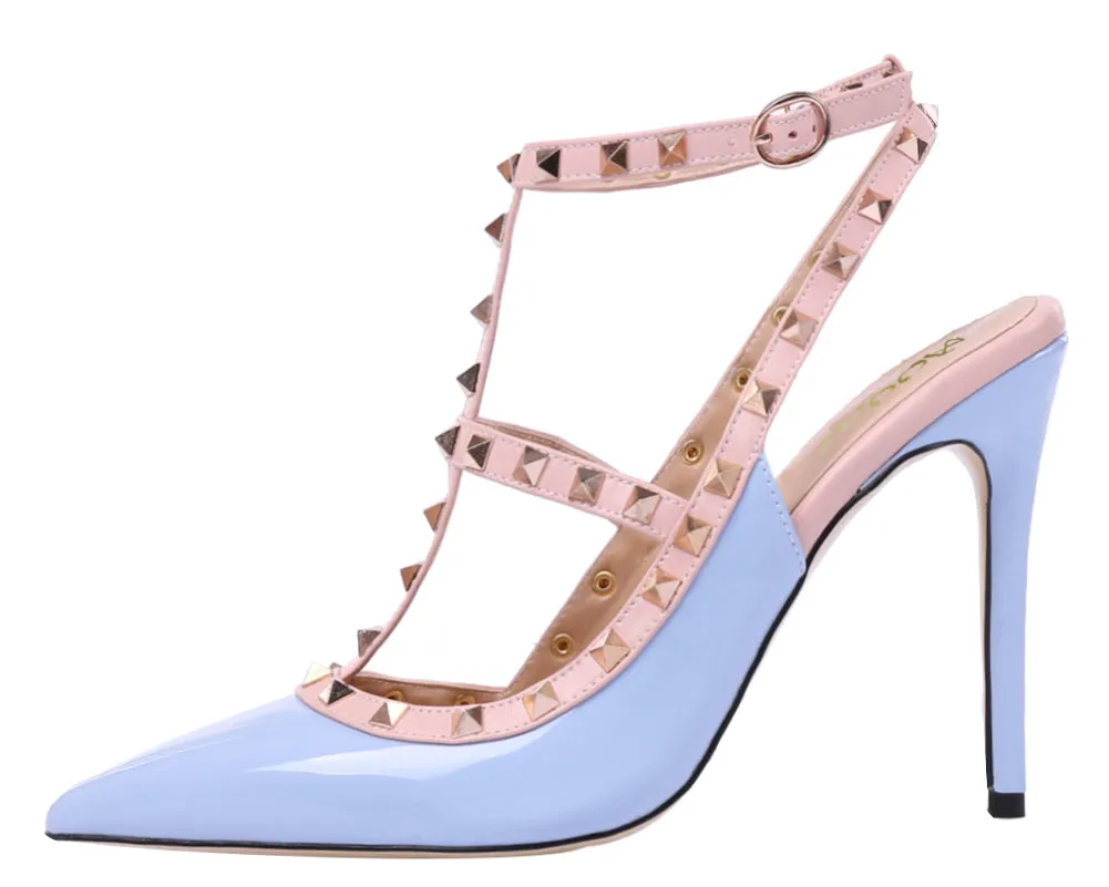 Pointed Toe 10cm Blue Patent High Heels Glitter Studs Dress Party Pumps for Woman