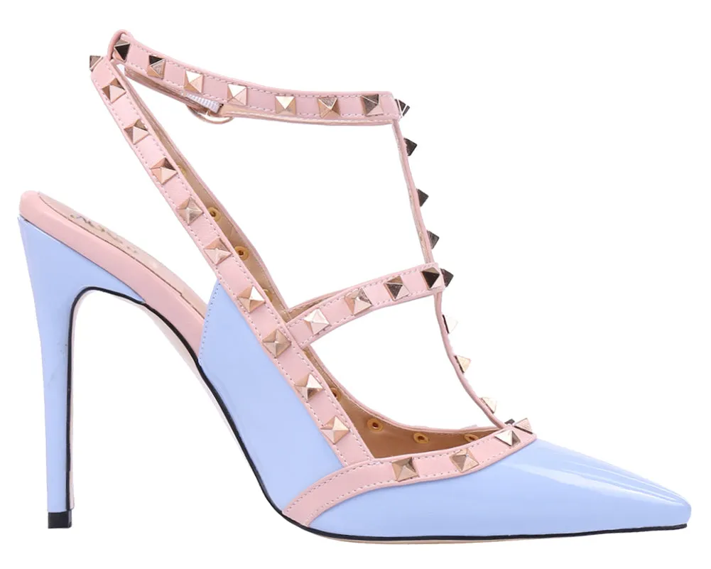 Pointed Toe 10cm Blue Patent High Heels Glitter Studs Dress Party Pumps for Woman
