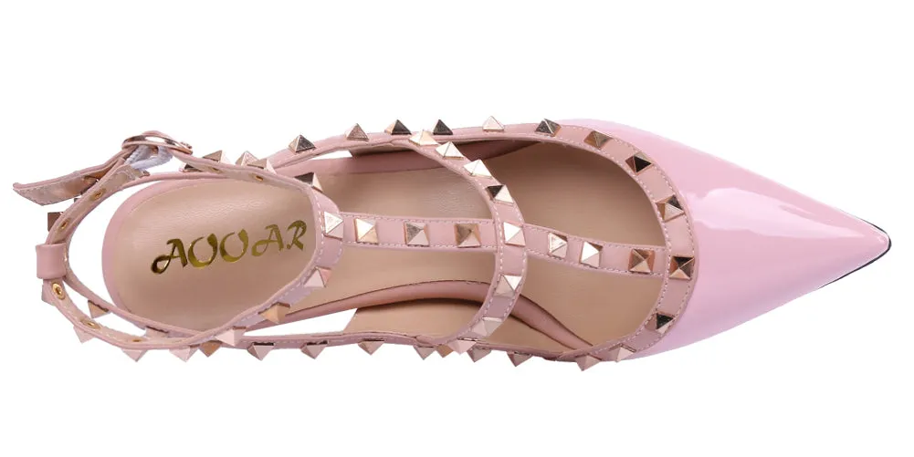 Pointed Toe 10cm Pink Patent High Heels Glitter Gold Studs Party Pumps for Woman