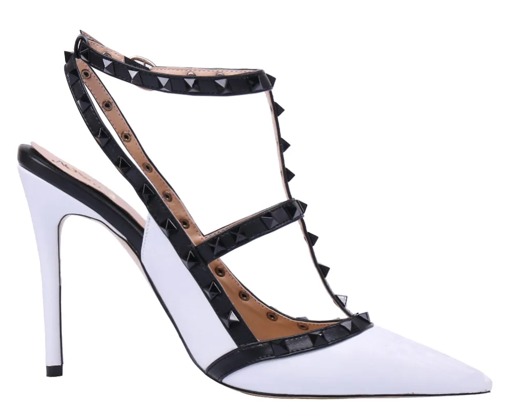 Pointed Toe 10cm White High Heels Glitter Black Studs Dress Party Pumps for Woman