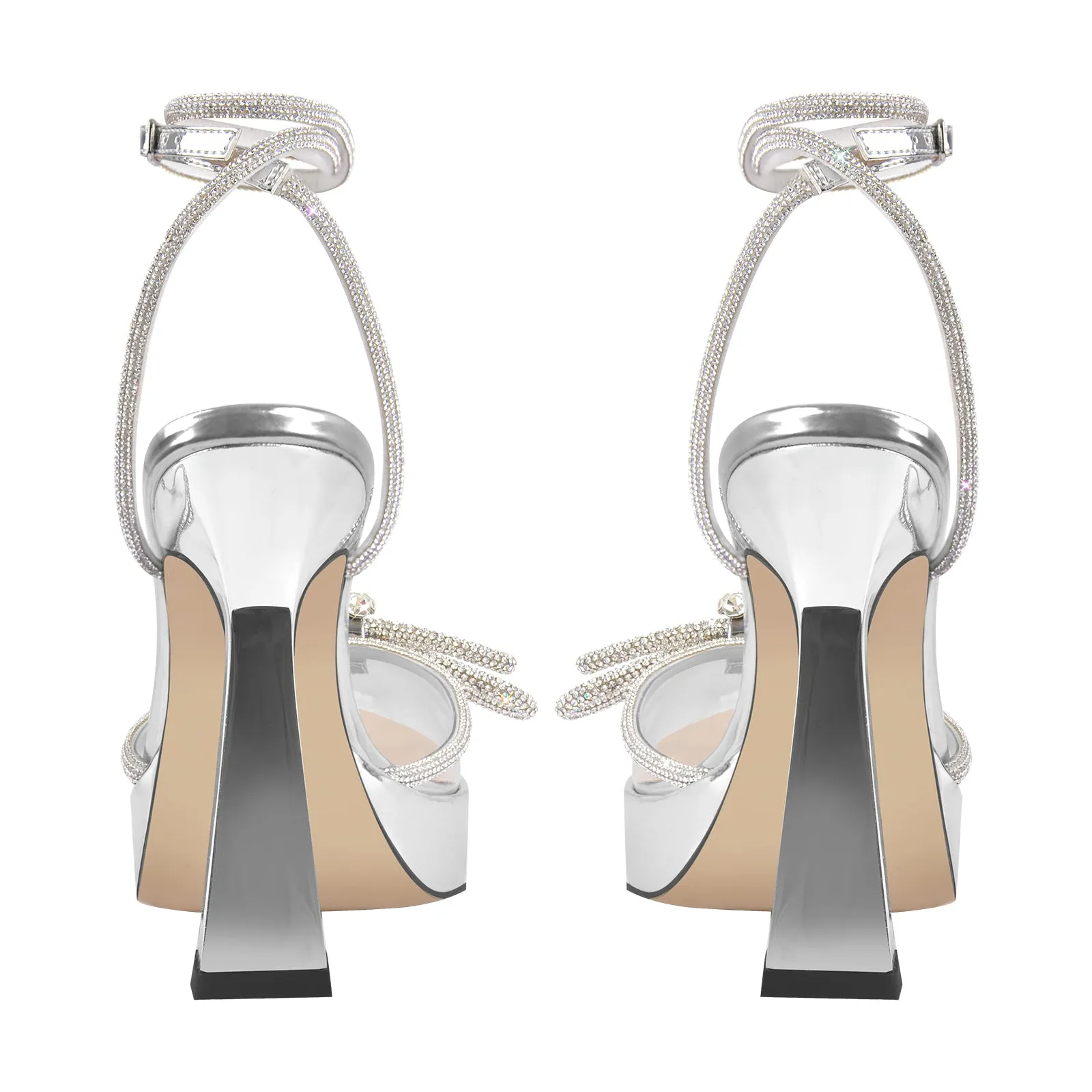 Pointed Toe Platform Rhinestone Bow Block Heel Pumps