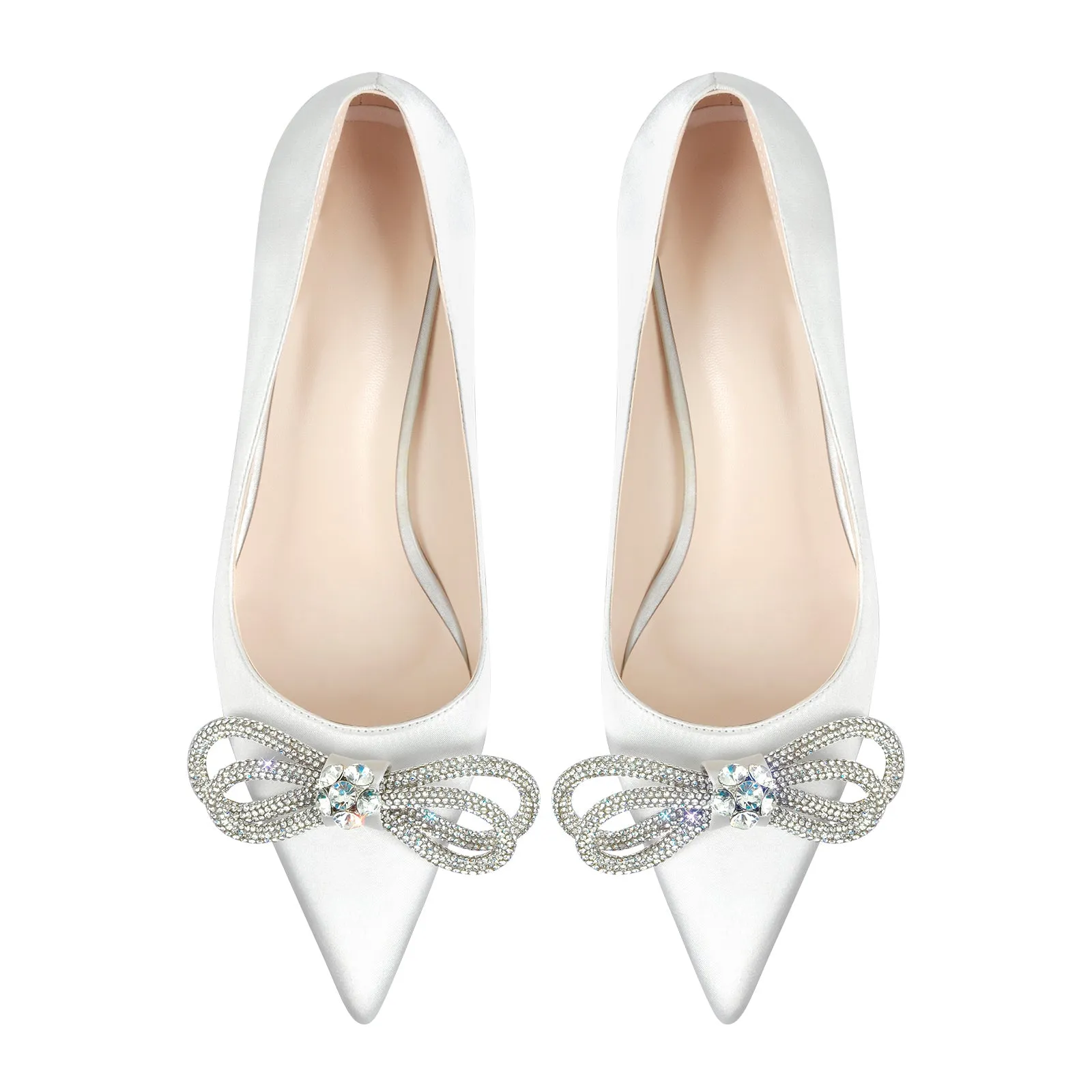 Pointed Toe Rhinestone Bow Mid Heel Pumps