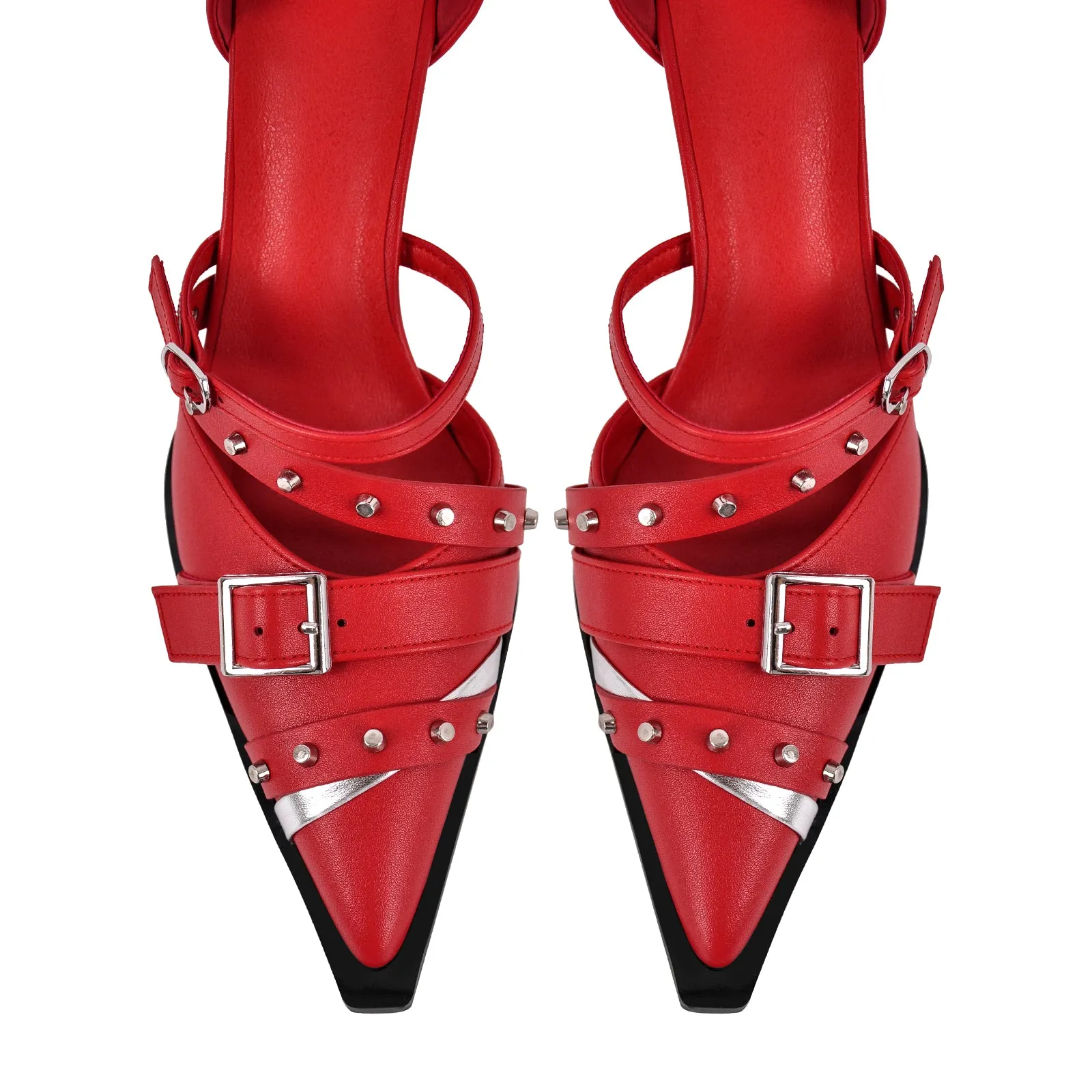 Pointed Toe Rivet Buckle Ankle Strap Pumps