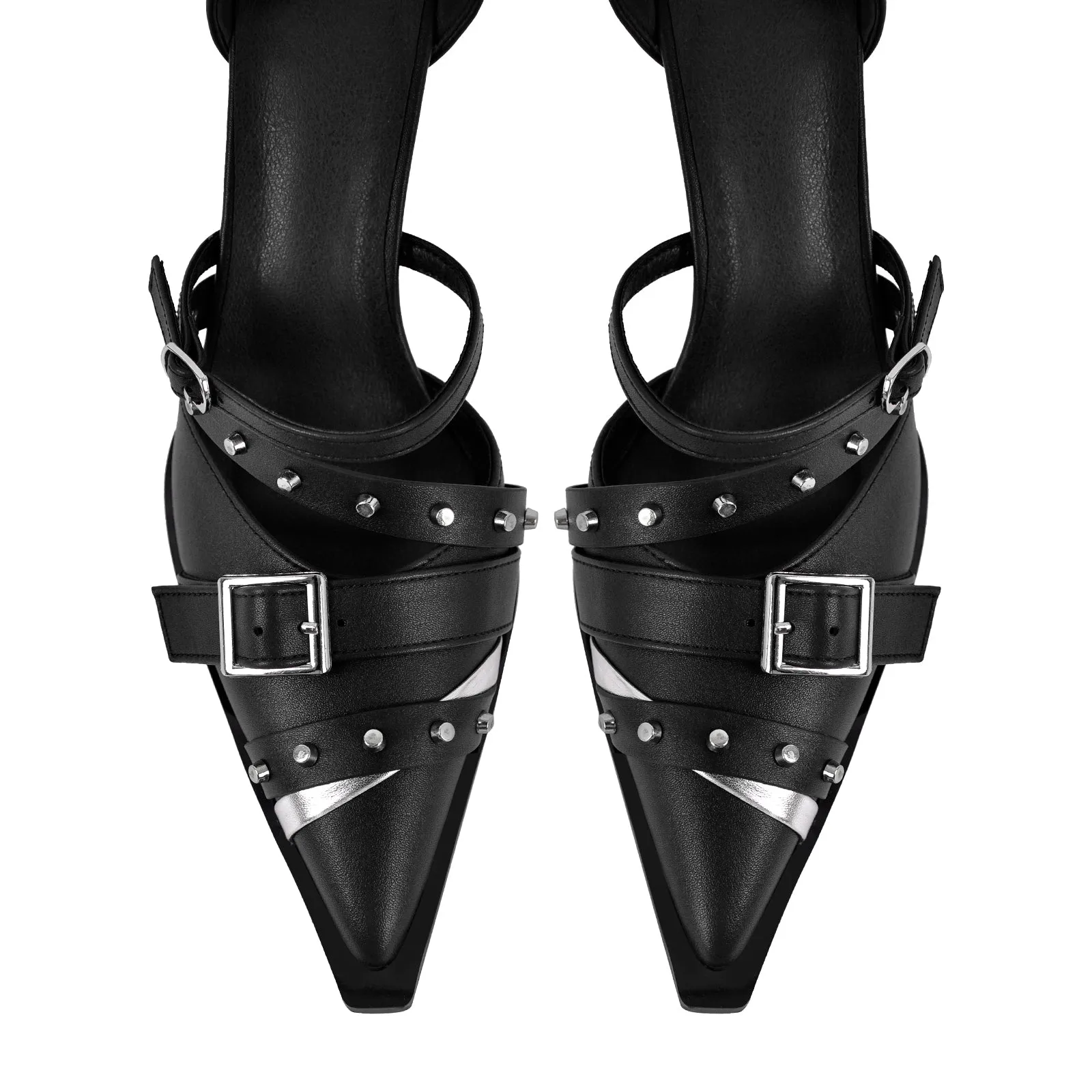 Pointed Toe Rivet Buckle Ankle Strap Pumps