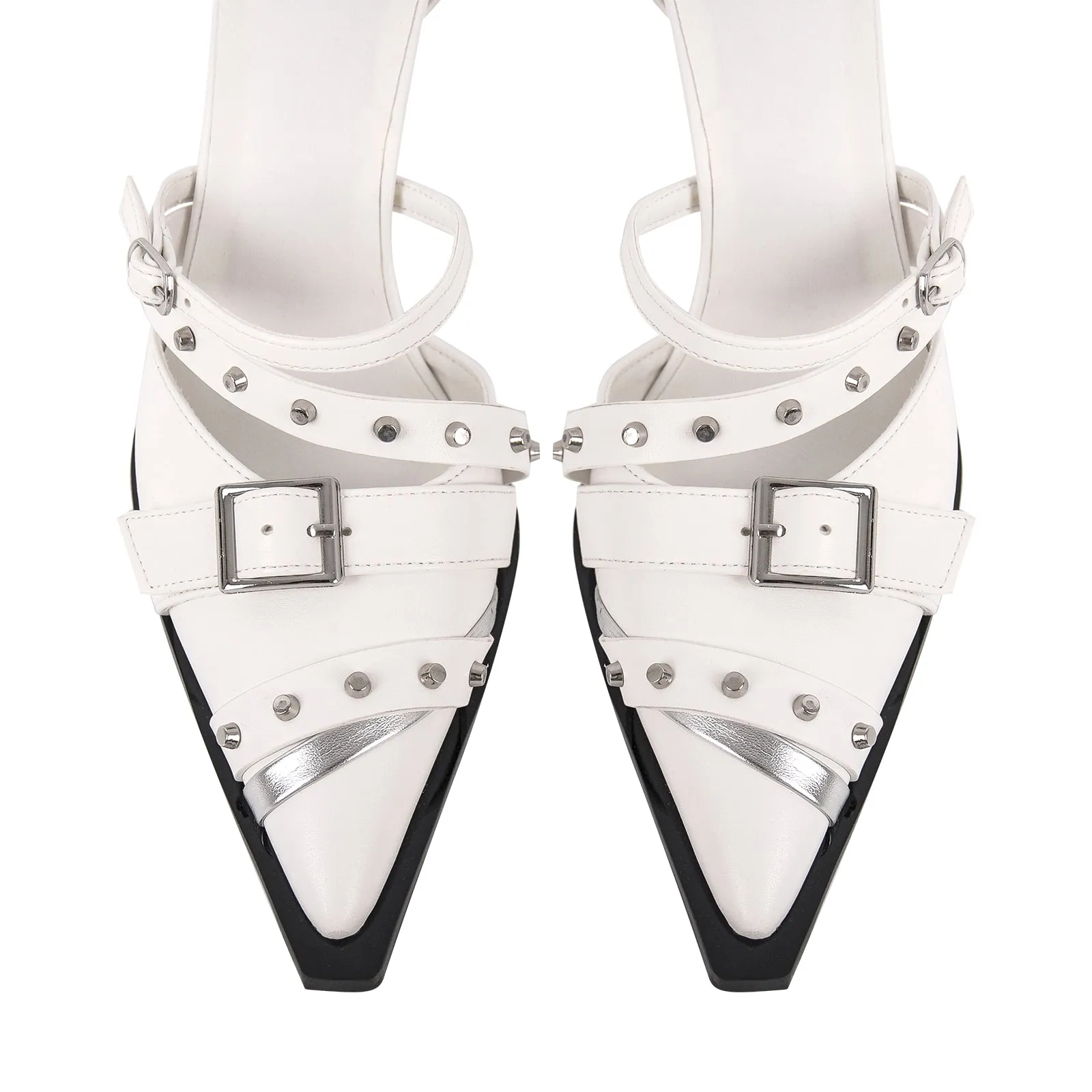 Pointed Toe Rivet Buckle Ankle Strap Pumps