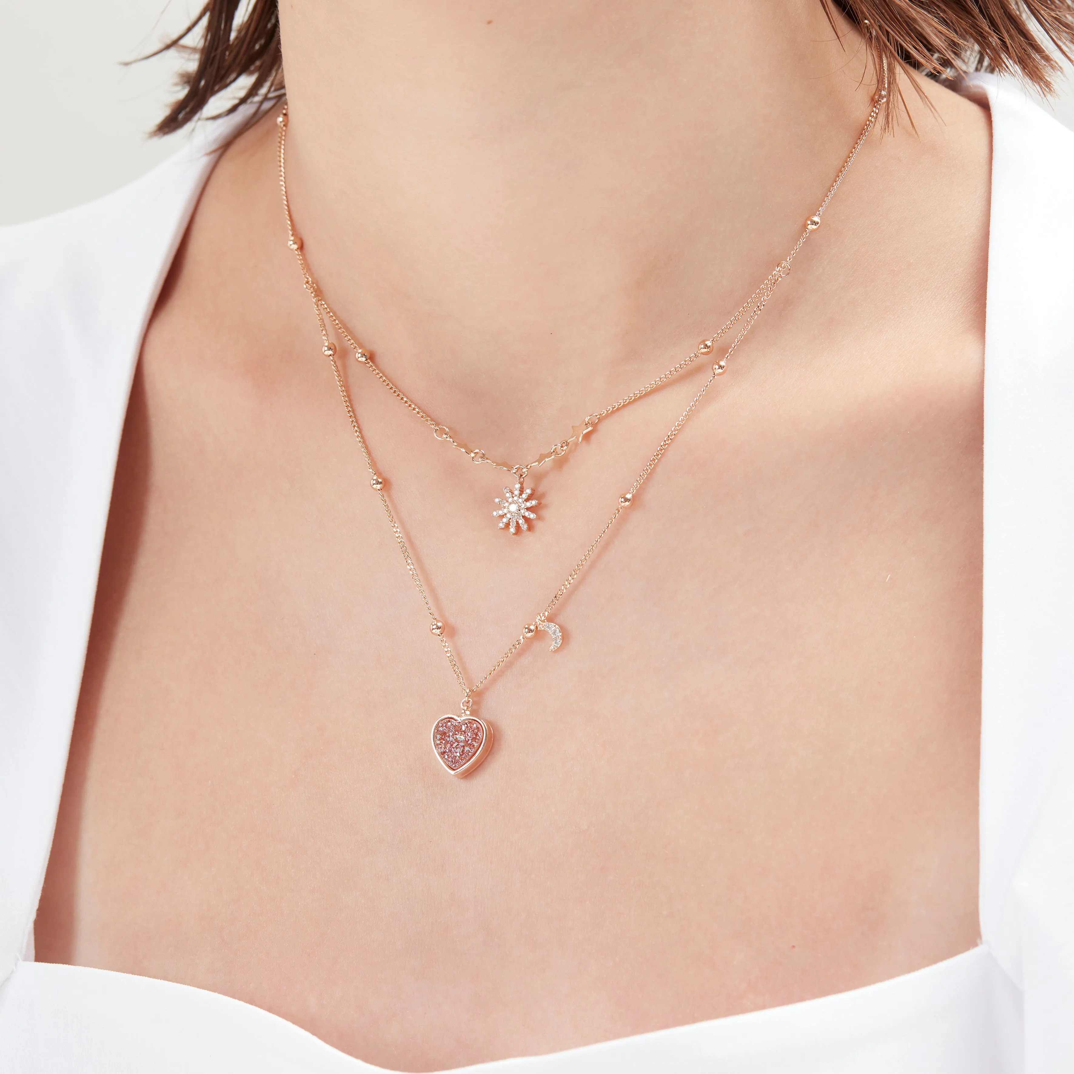 (Pre-order) Pink Druzy Silver Layered Necklace - Love Note
