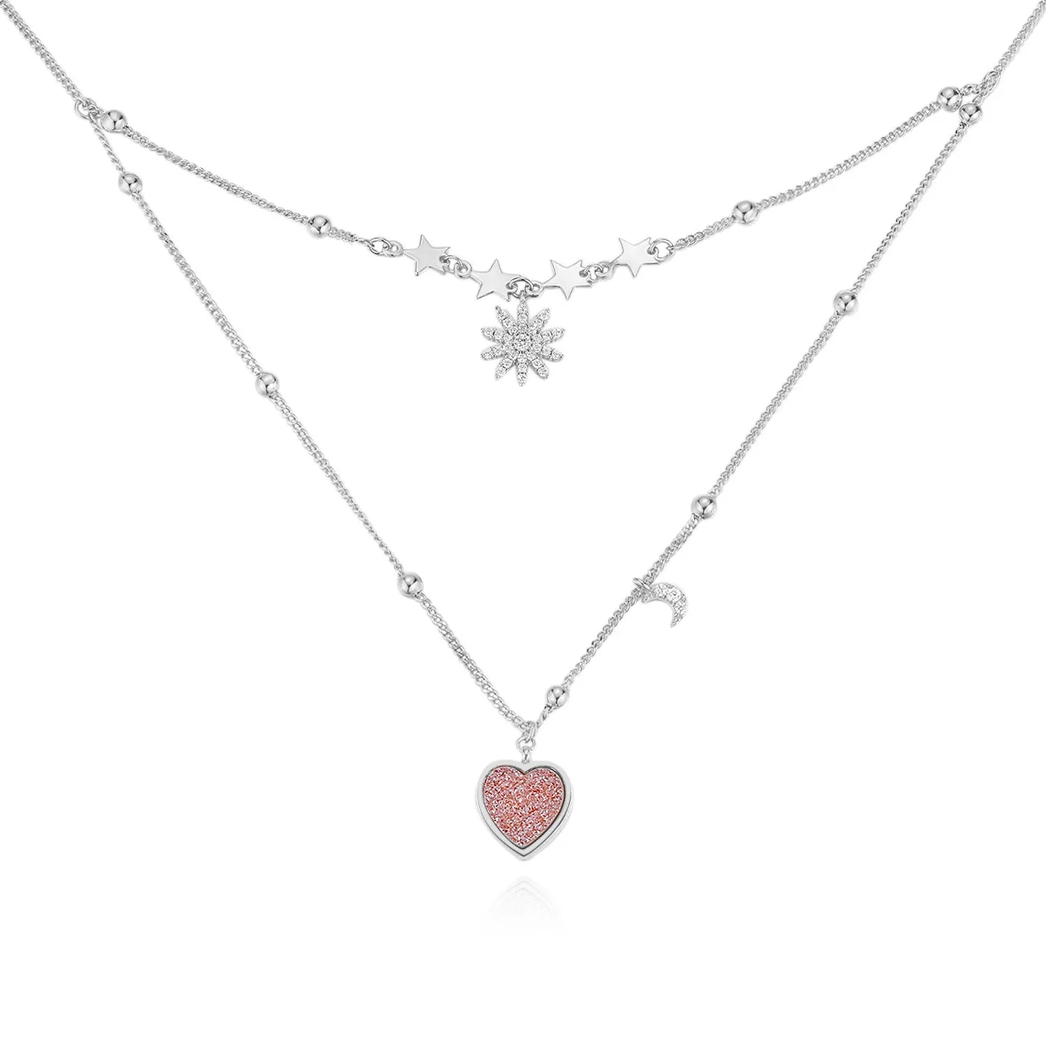 (Pre-order) Pink Druzy Silver Layered Necklace - Love Note