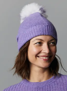 R13172 Cuffed beanie with two tone fur pom pom