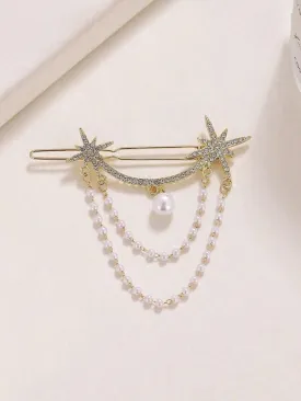 Reriti V Shaped Star Hair Clip With Tassels & Pearl - Gold