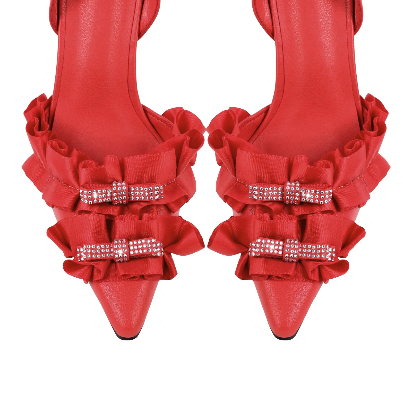 Rhinestone Lace Bow Pointed Toe Stiletto Slingback Pumps