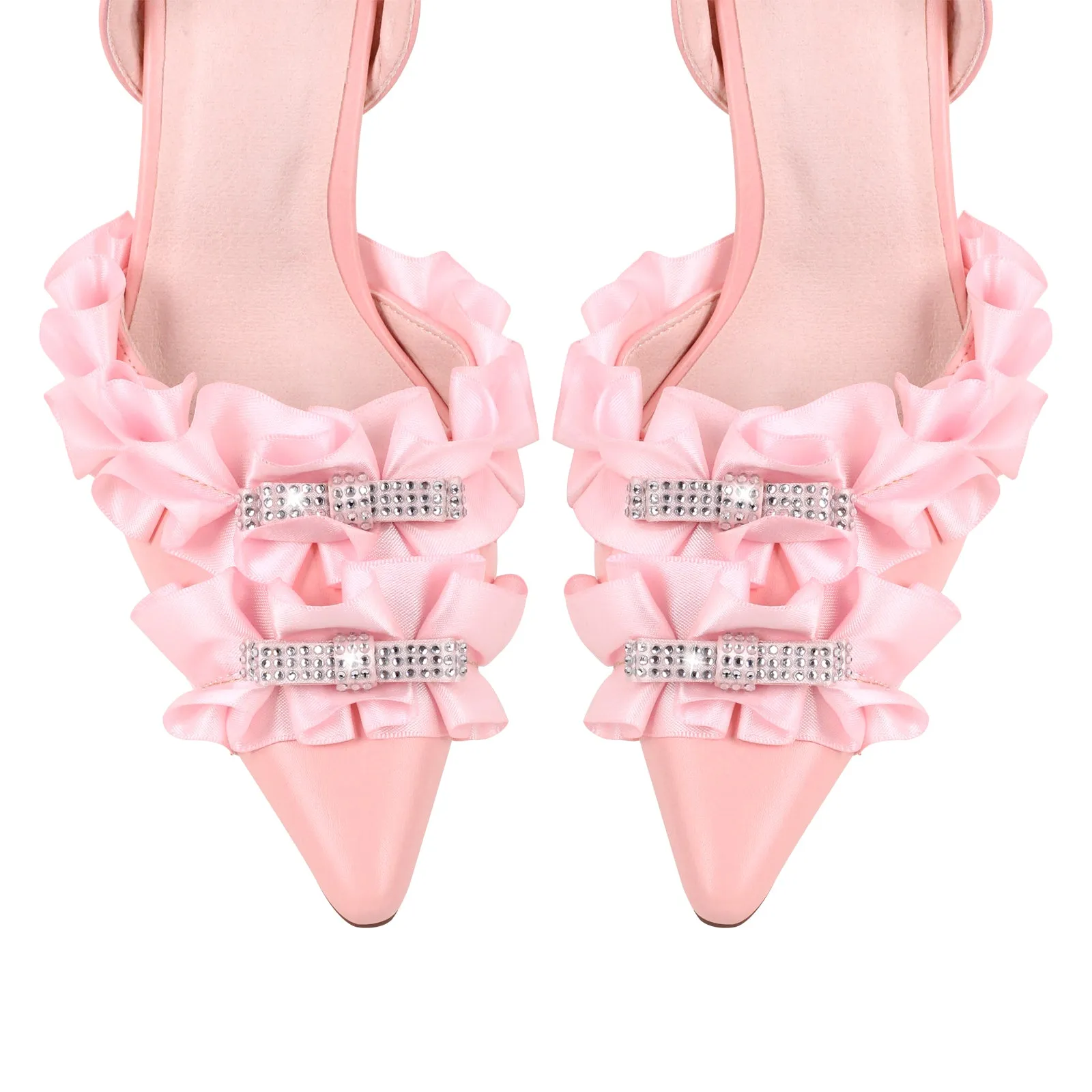 Rhinestone Lace Bow Pointed Toe Stiletto Slingback Pumps
