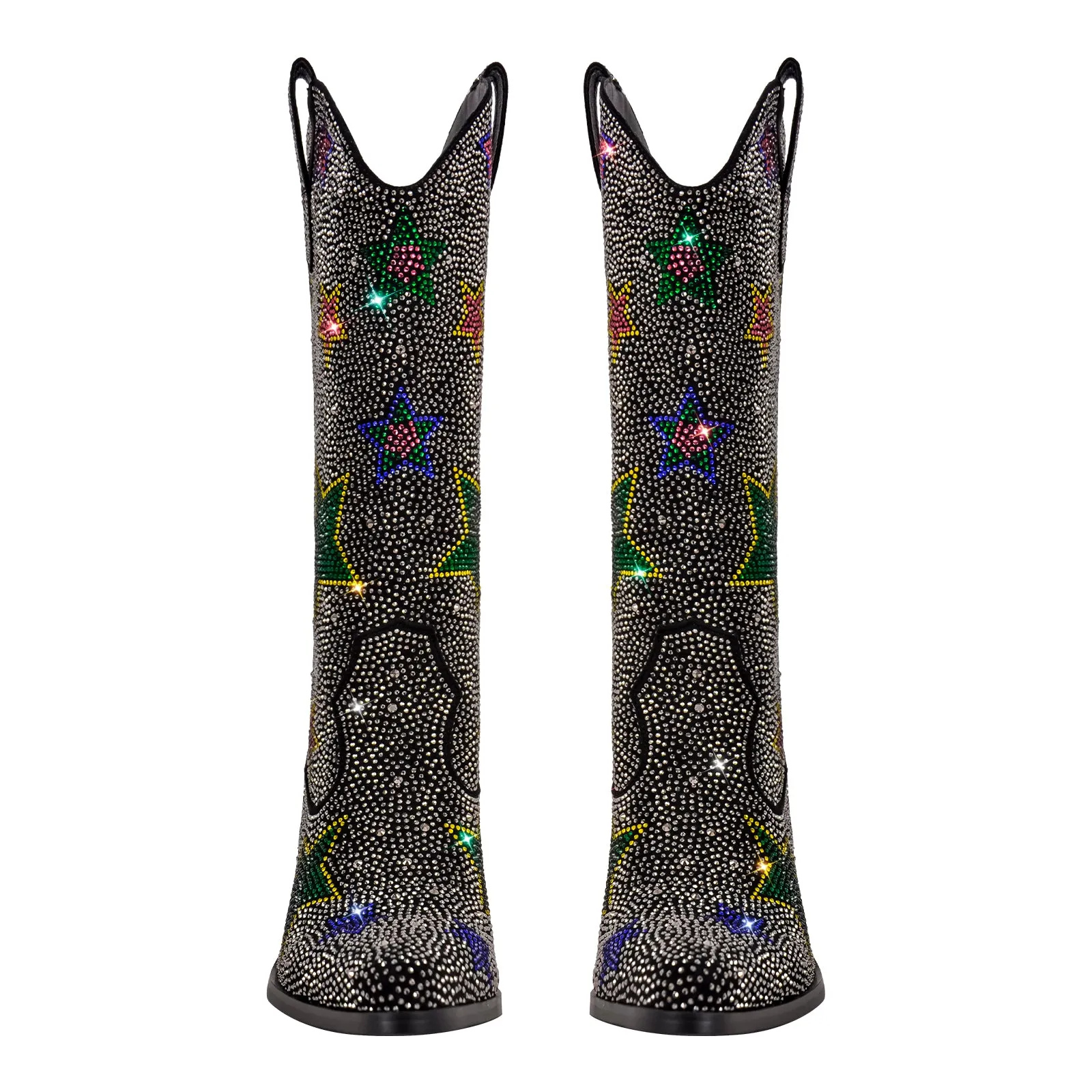 Rhinestone Star Chunky Heel Mid-Calf Western Boots