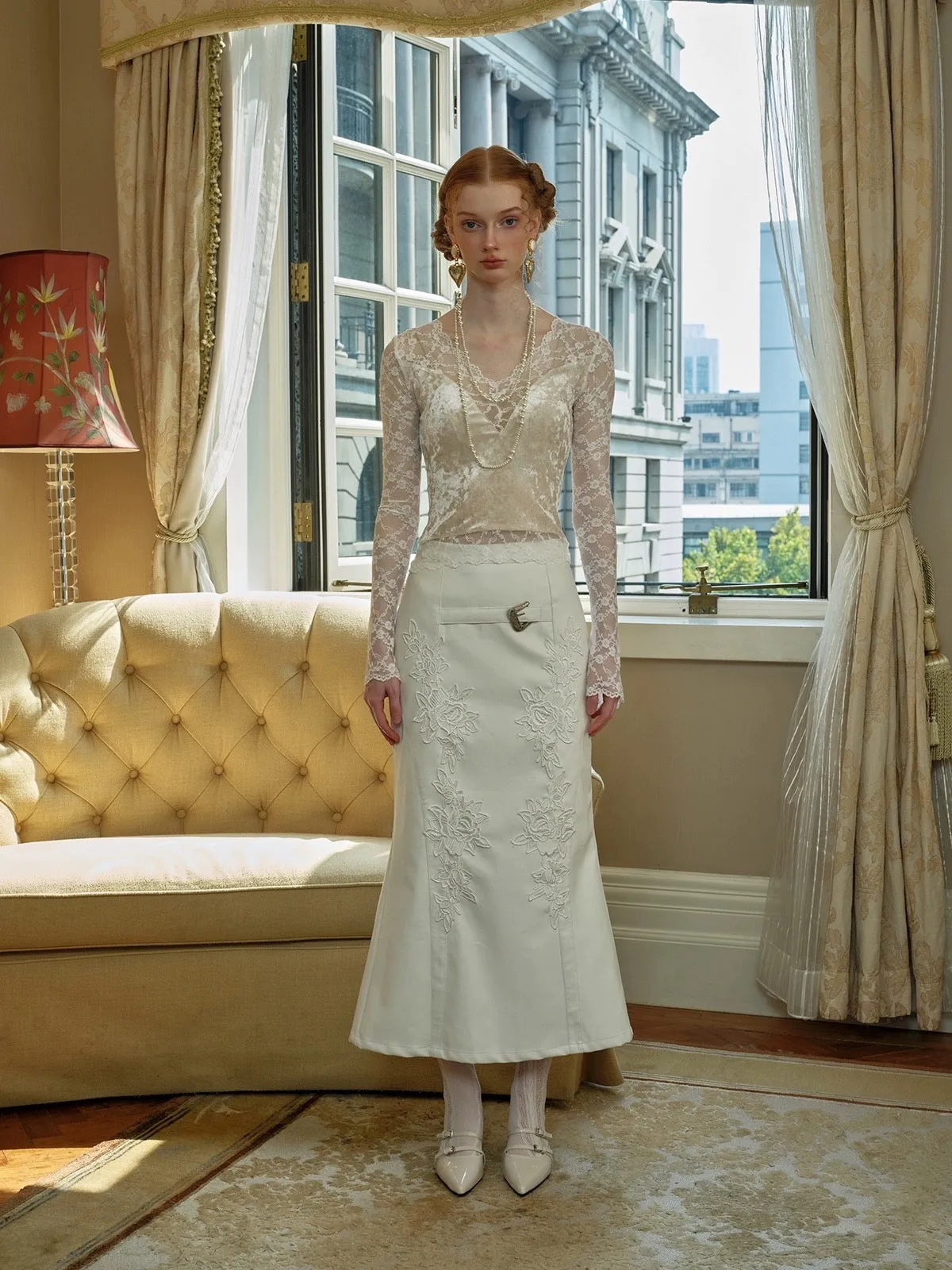 [SALE Sweden Warehouse] Embroidered Vintage White Court Skirt
