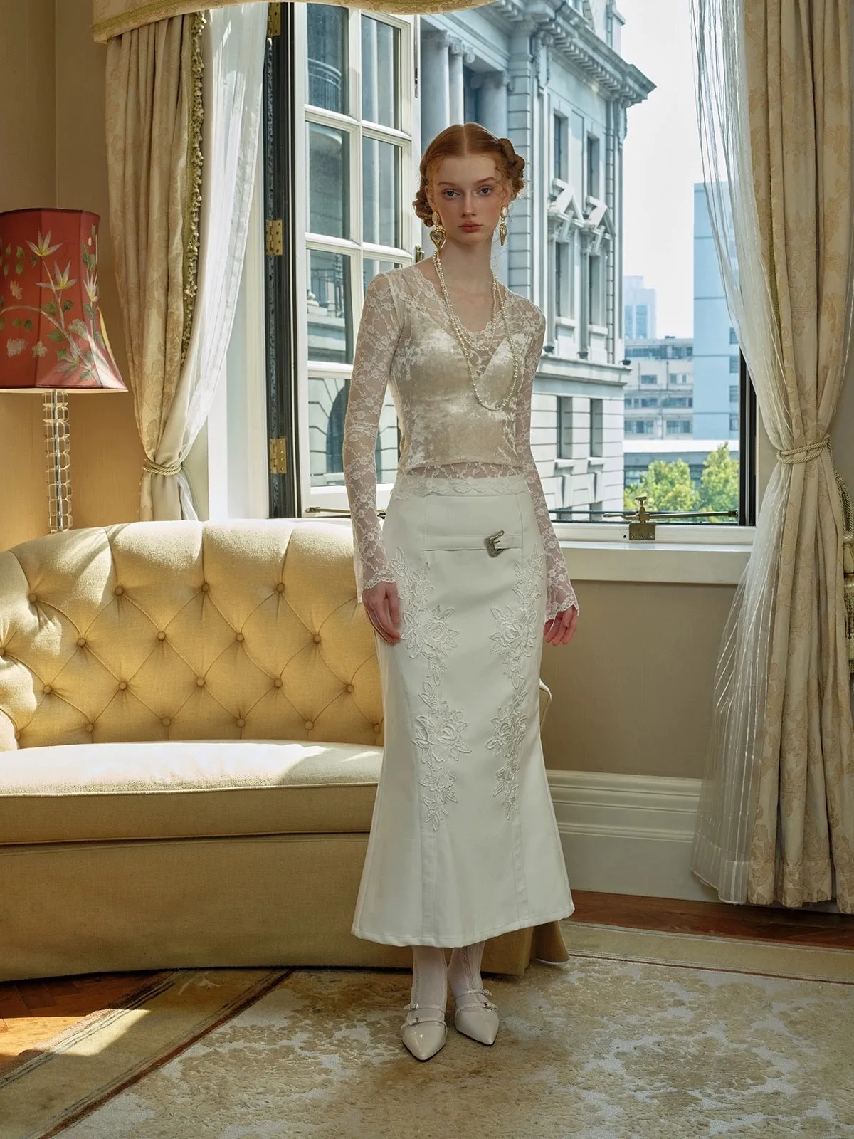 [SALE Sweden Warehouse] Embroidered Vintage White Court Skirt