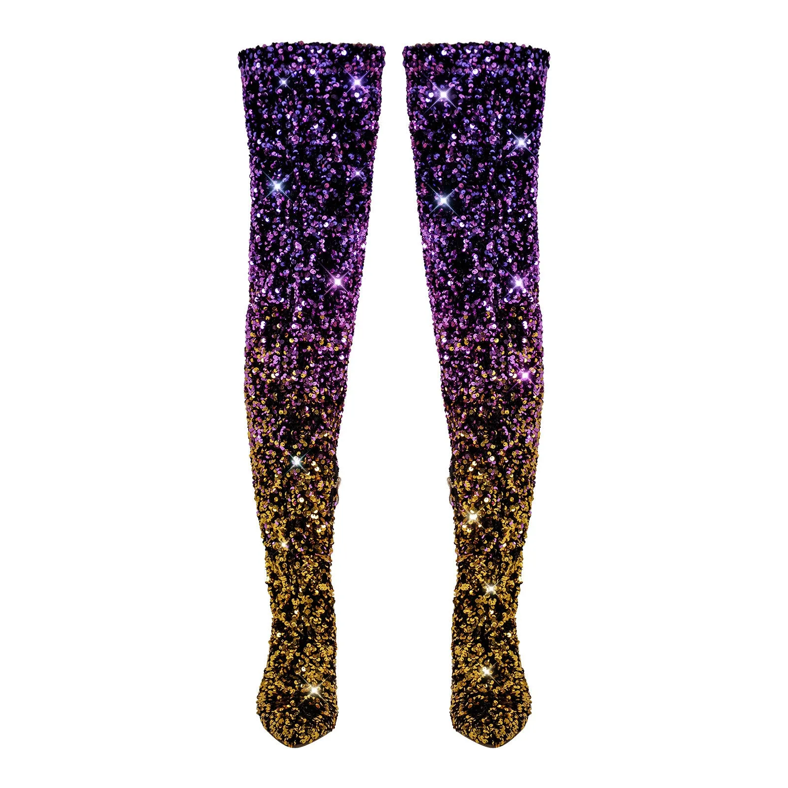 Sequins Gradient Color Pointed Toe Thigh High Stiletto Boots