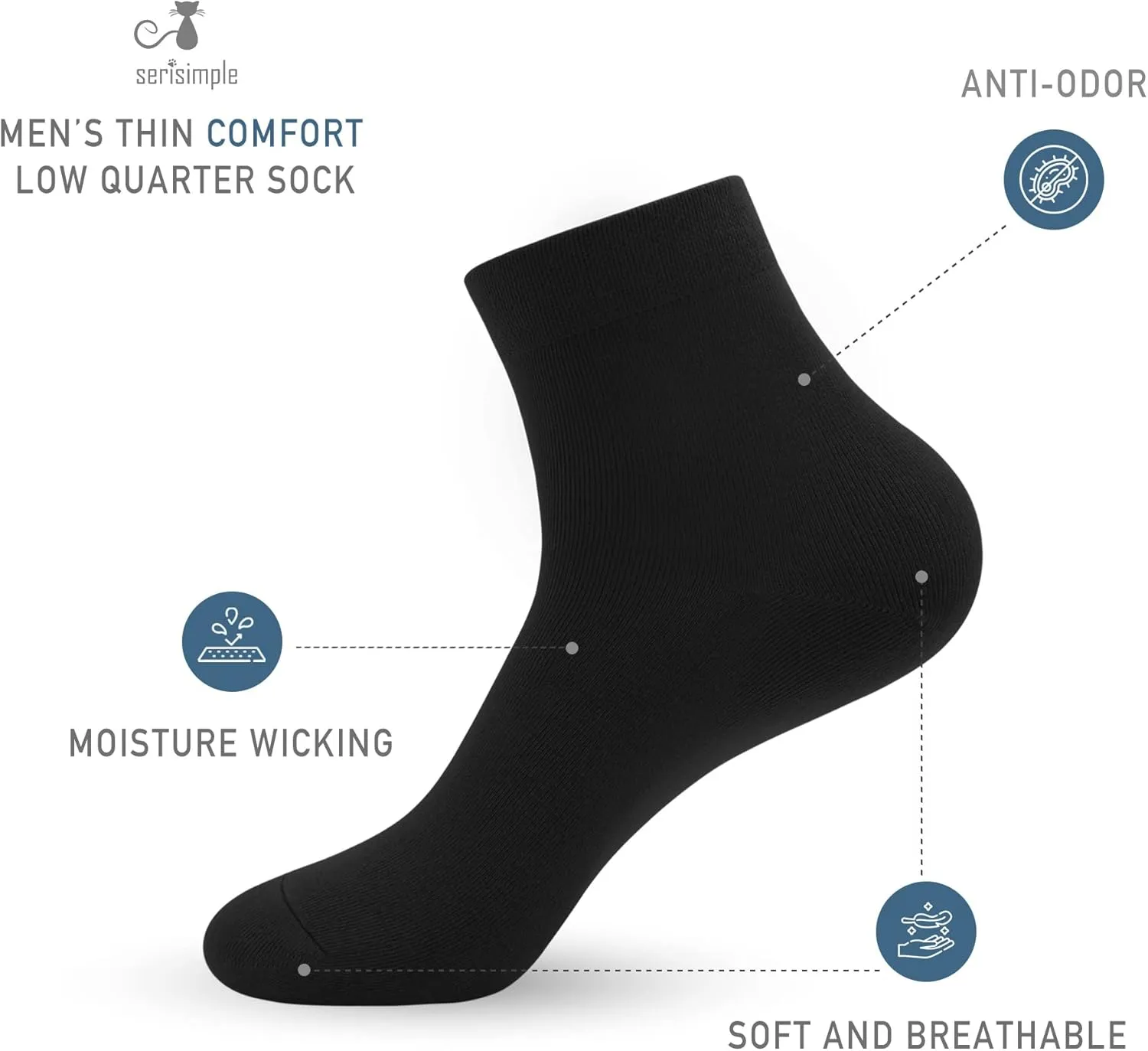 SERISIMPLE Viscose Bamboo Men's Breathable Quarter Thin Ankle High Socks - Comfort Cool Soft 5 Pairs