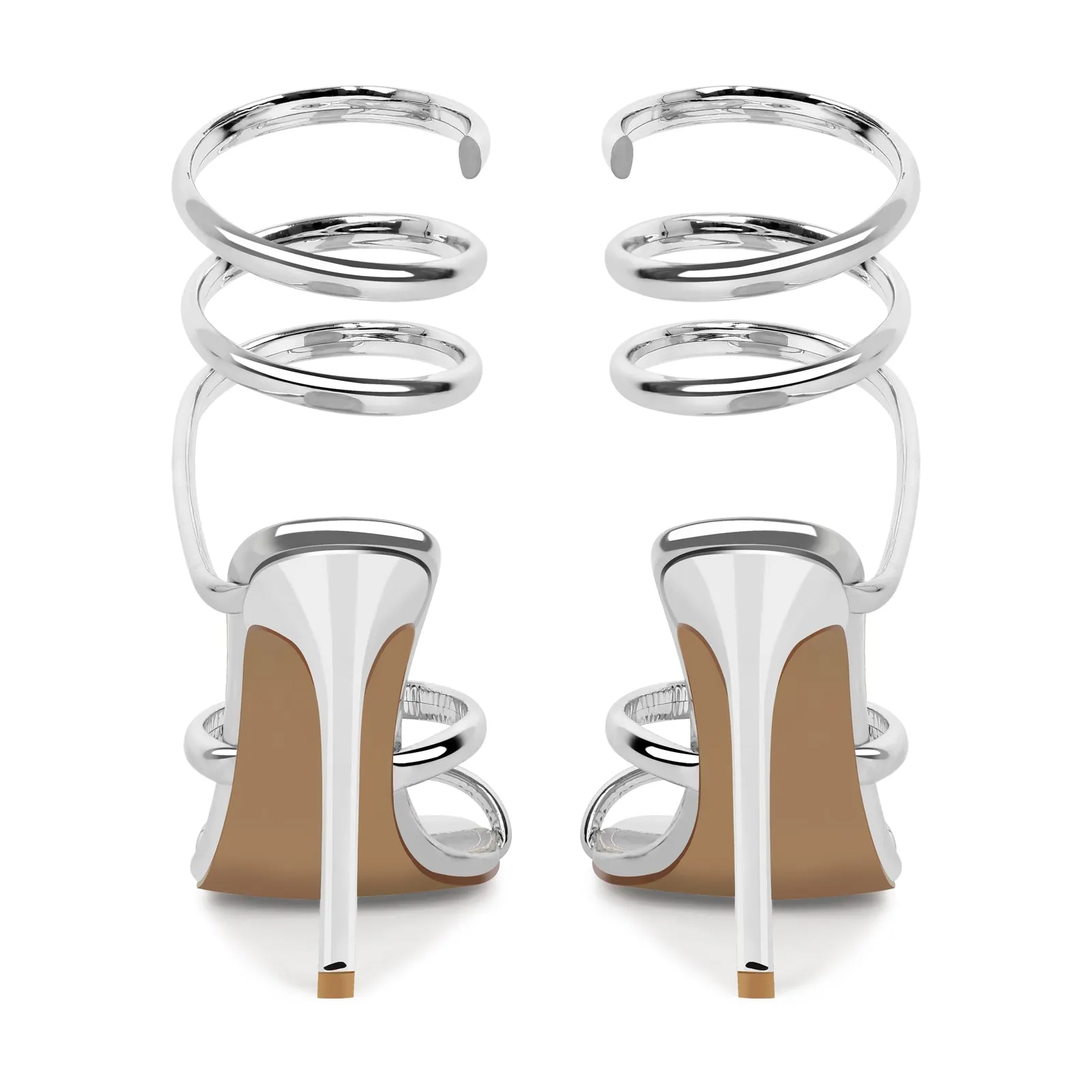 Silver Square Toe Strap Stiletto Sandals