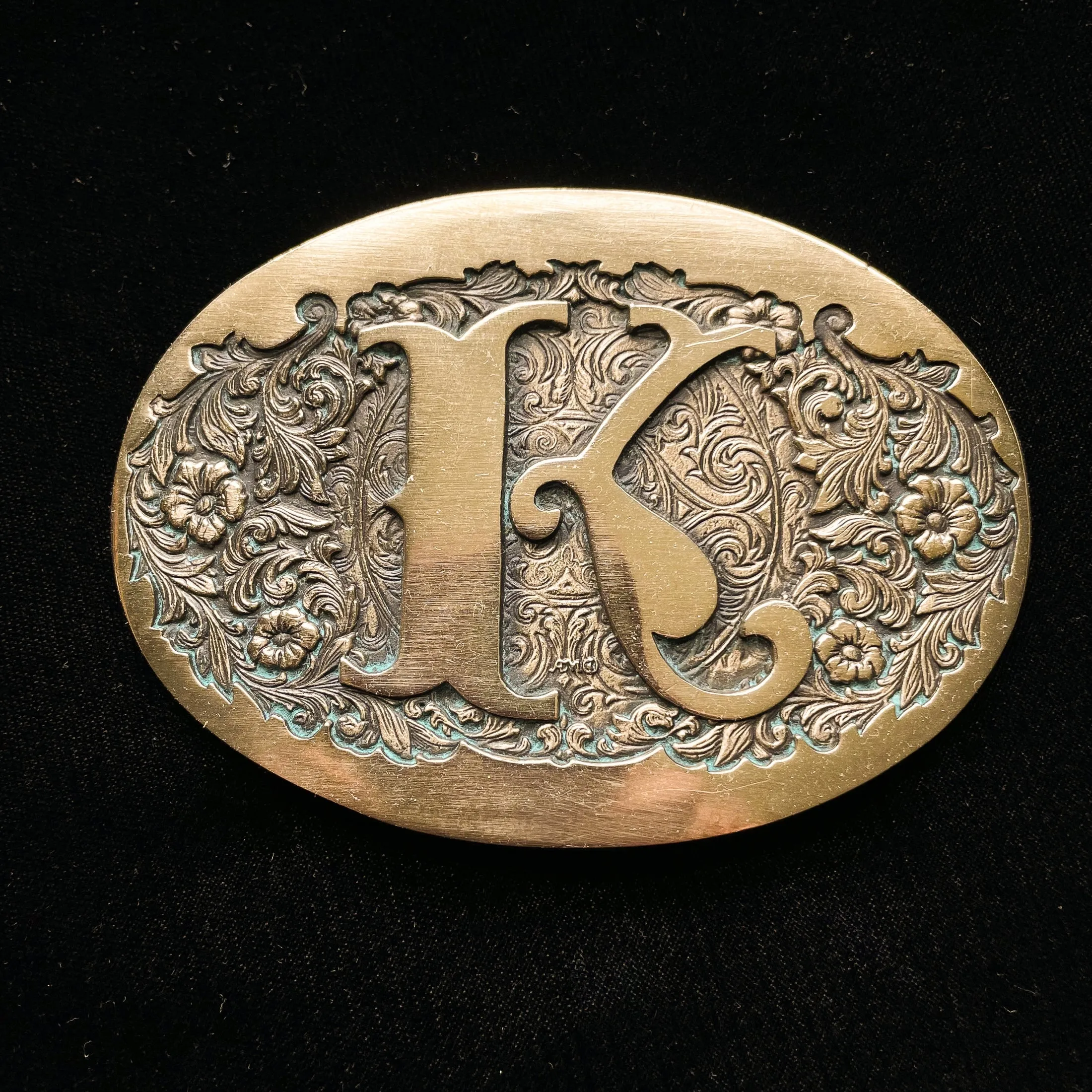 SOLD Large Vintage Solid Brass Etched Monogrammed K Belt Buckle