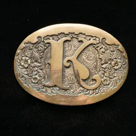 SOLD Large Vintage Solid Brass Etched Monogrammed K Belt Buckle