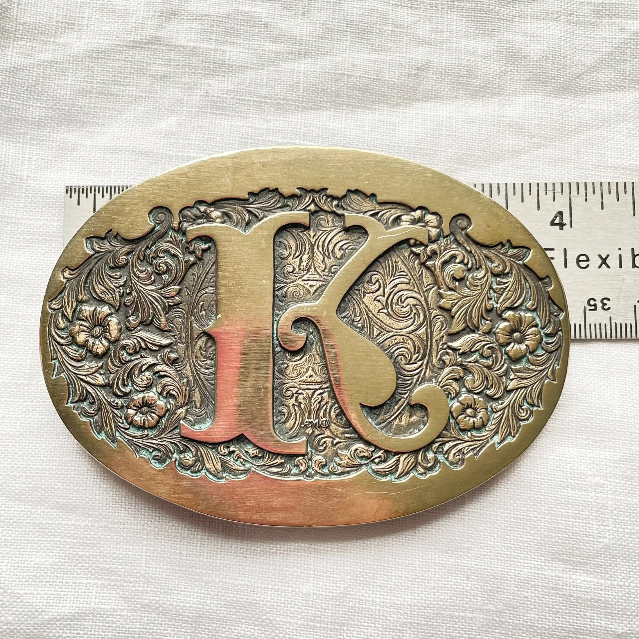 SOLD Large Vintage Solid Brass Etched Monogrammed K Belt Buckle