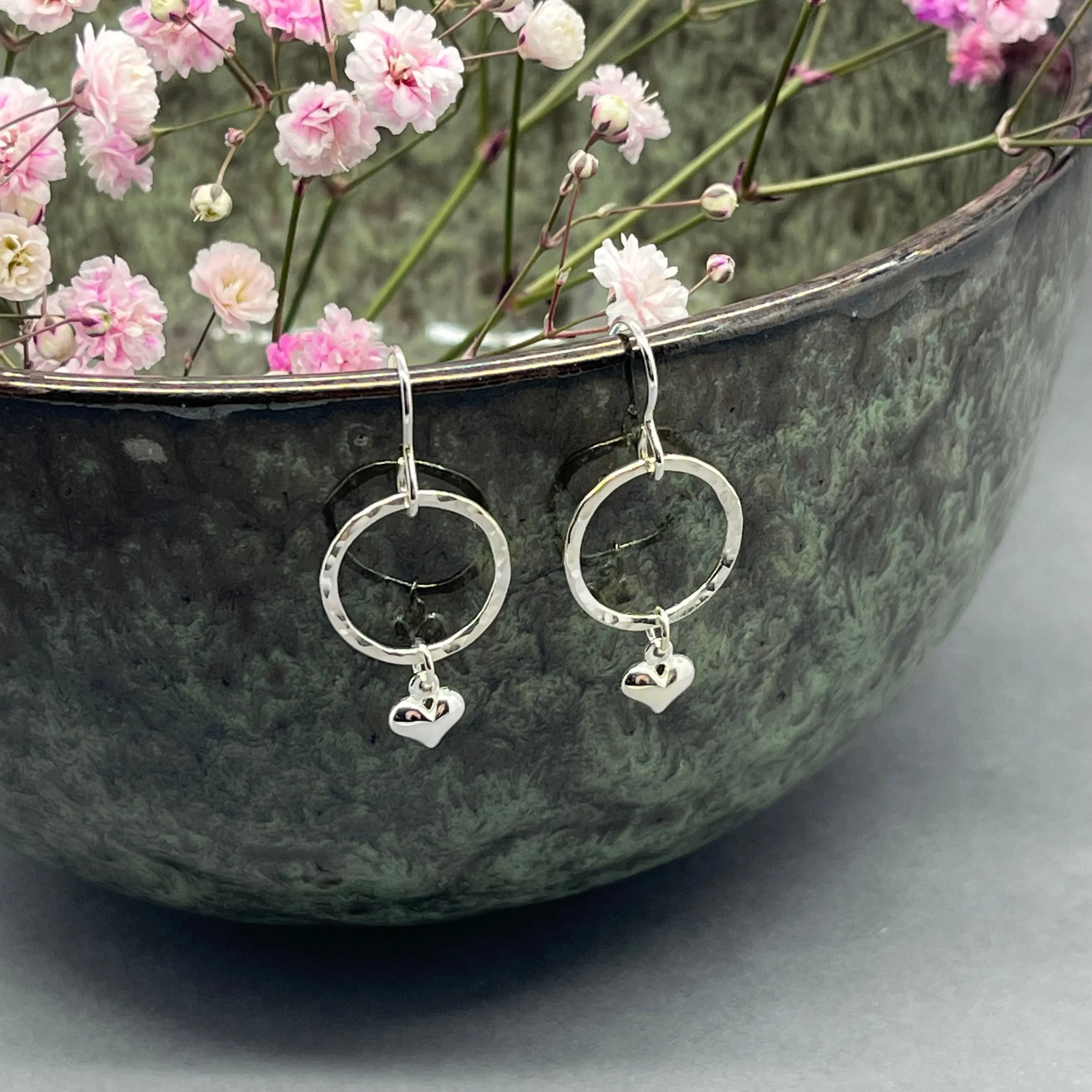 Sterling Silver Heart Charm Hoop Drop Earrings