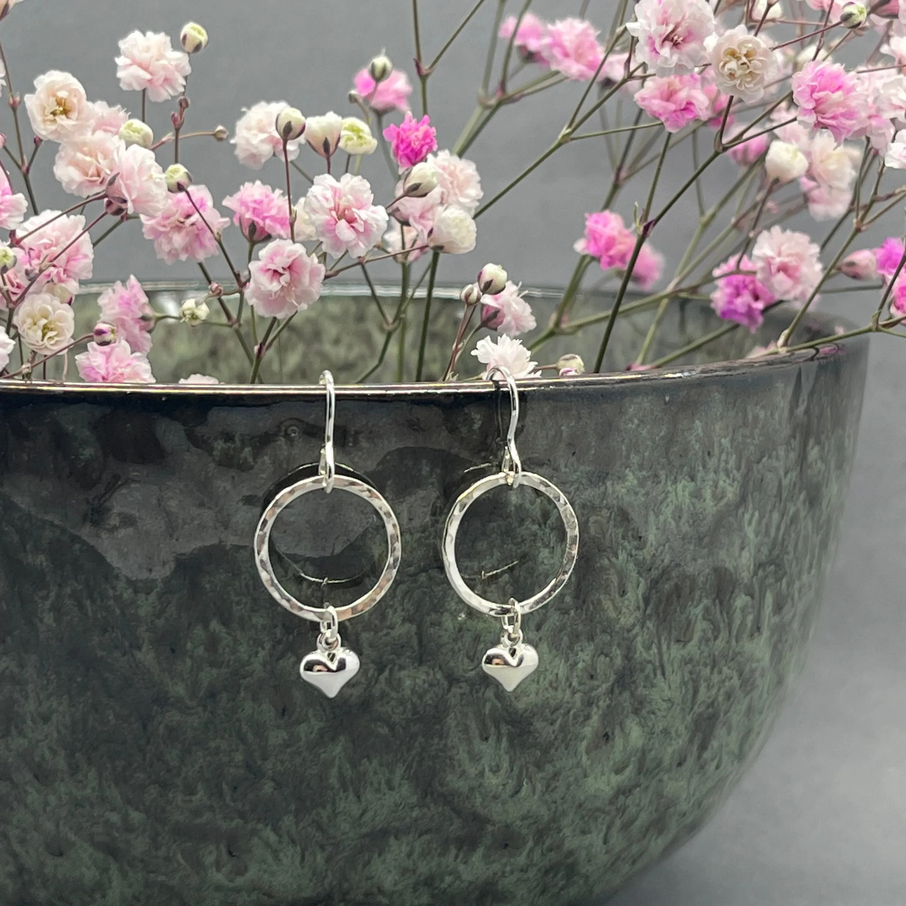 Sterling Silver Heart Charm Hoop Drop Earrings