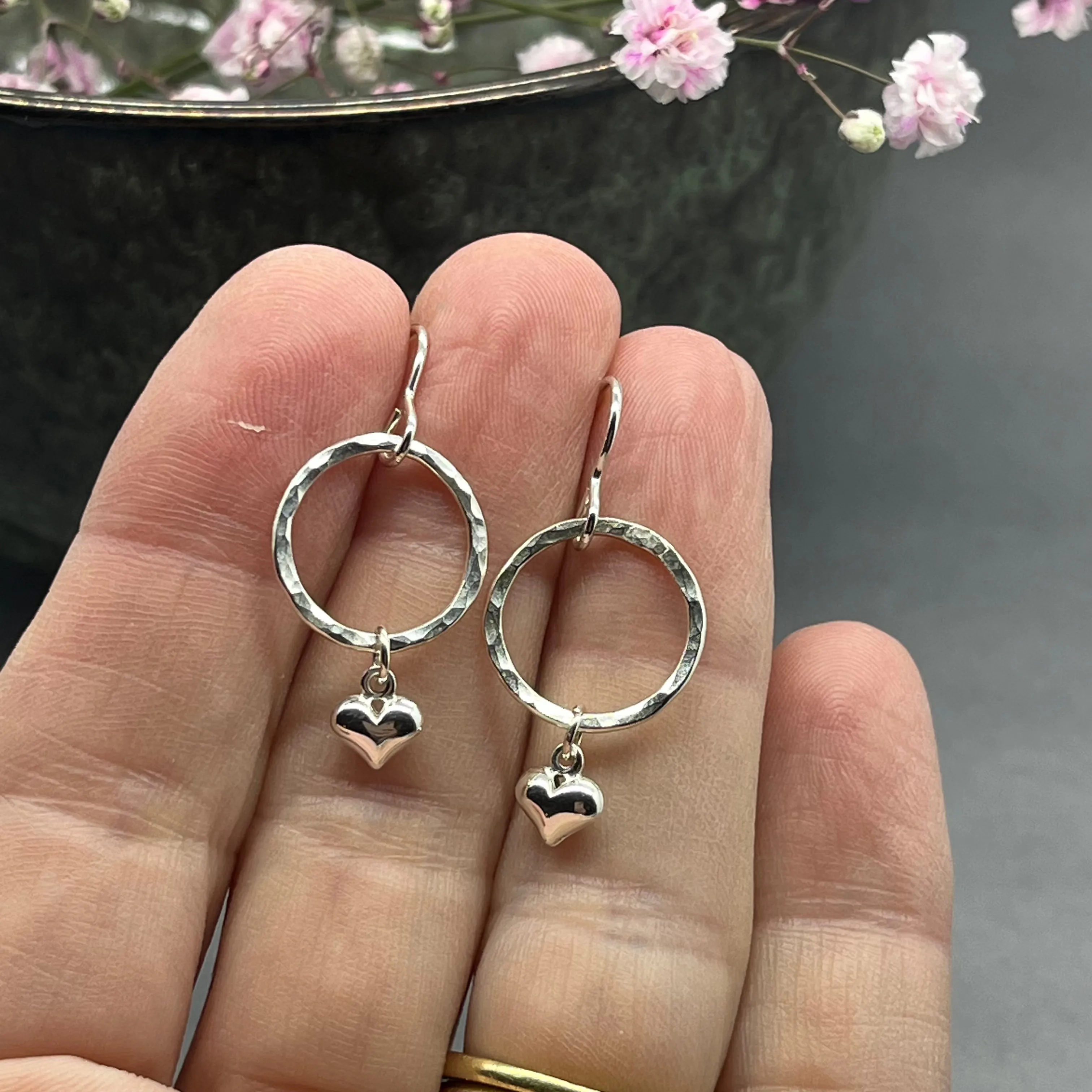 Sterling Silver Heart Charm Hoop Drop Earrings