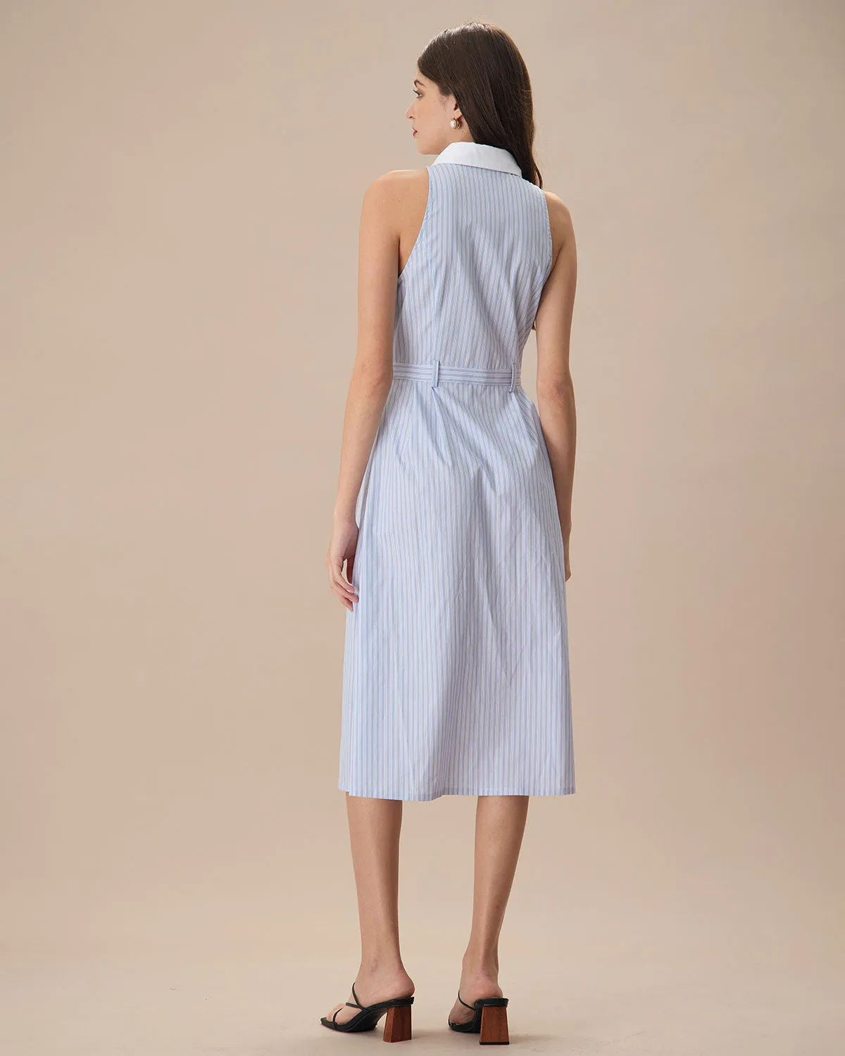 The Blue Lapel Button-Up Striped Midi Dress
