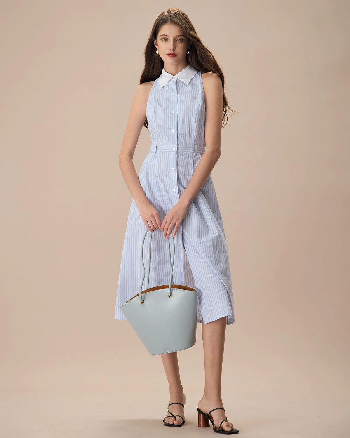 The Blue Lapel Button-Up Striped Midi Dress