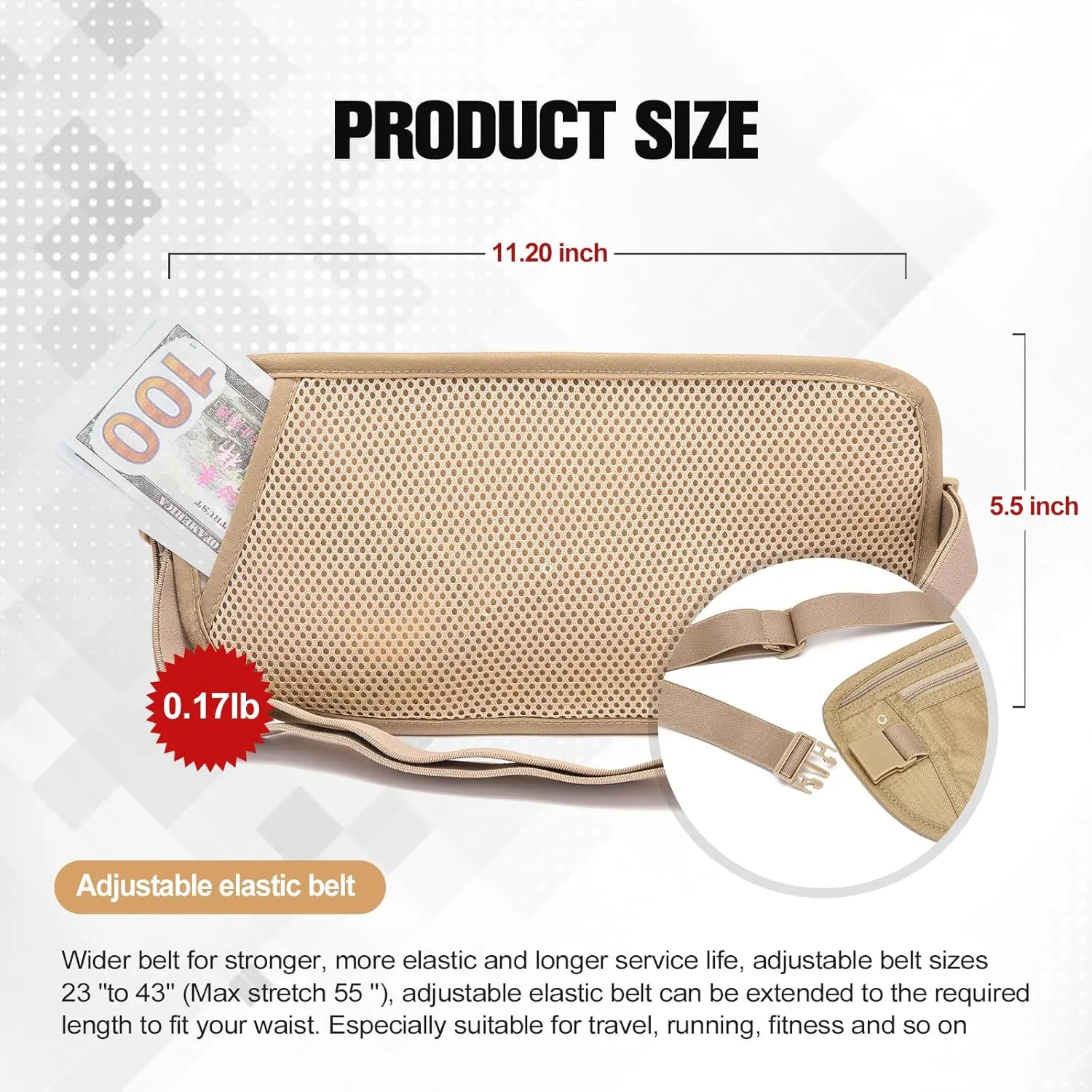 Unisex Money Belt For Men and Women, Slim Passport Holder RFID Blocking Travel Essentials Pouch with Adjustable Strap Small Waist Pouch for Workout Running Travelling Hiking, Beige