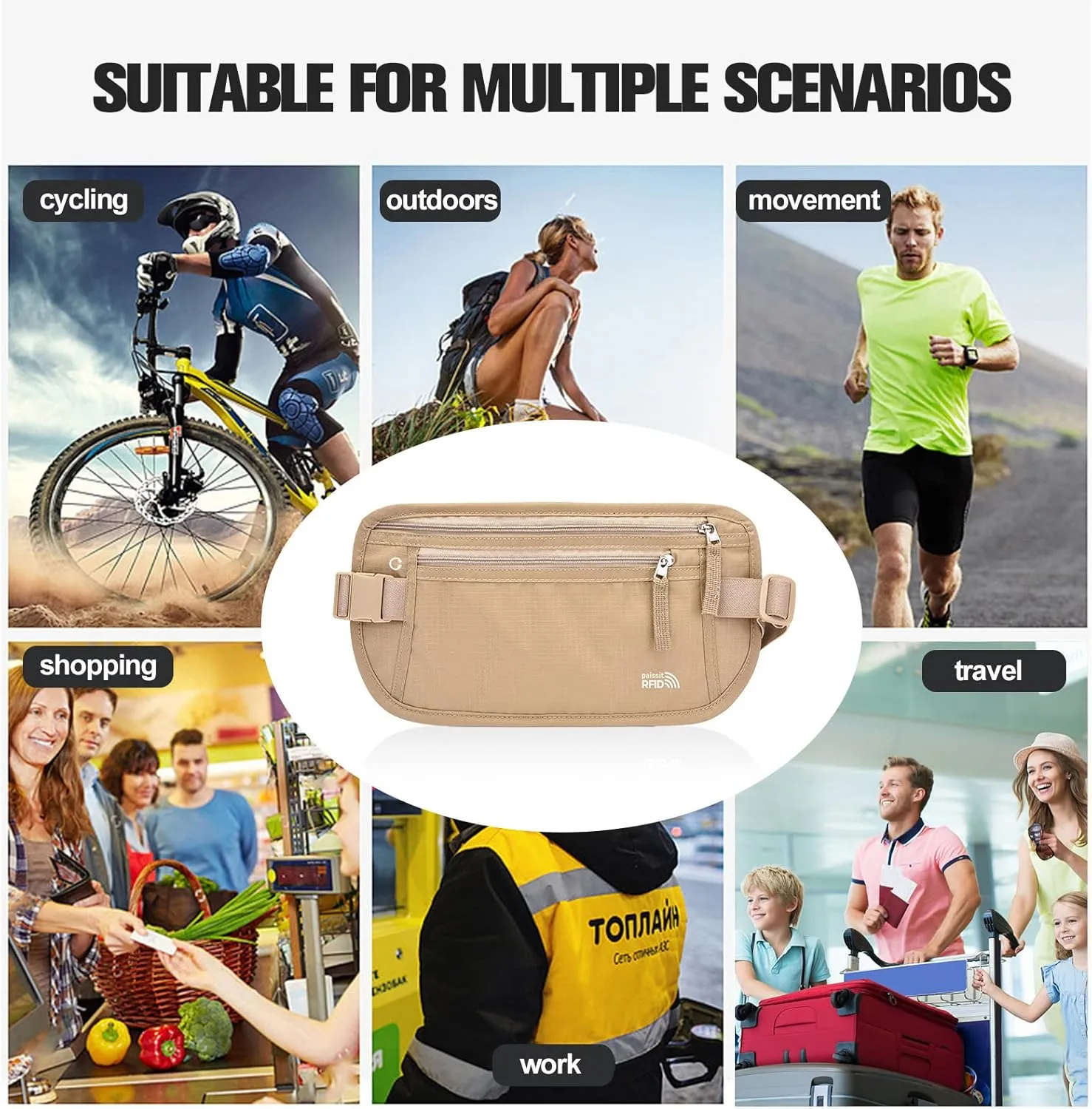 Unisex Money Belt For Men and Women, Slim Passport Holder RFID Blocking Travel Essentials Pouch with Adjustable Strap Small Waist Pouch for Workout Running Travelling Hiking, Beige