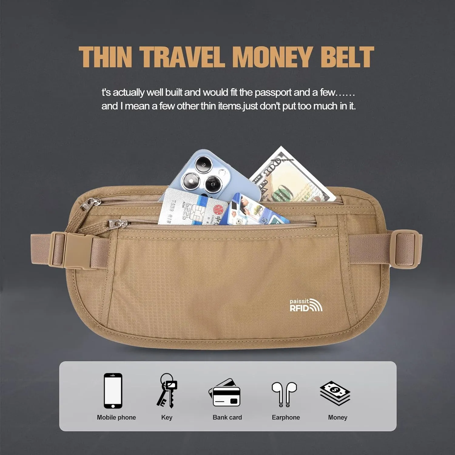 Unisex Money Belt For Men and Women, Slim Passport Holder RFID Blocking Travel Essentials Pouch with Adjustable Strap Small Waist Pouch for Workout Running Travelling Hiking, Beige