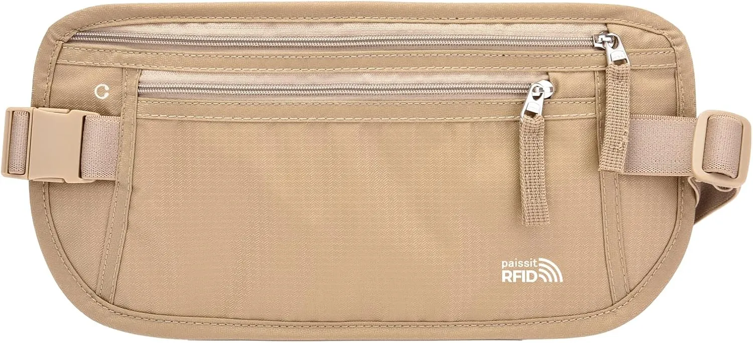 Unisex Money Belt For Men and Women, Slim Passport Holder RFID Blocking Travel Essentials Pouch with Adjustable Strap Small Waist Pouch for Workout Running Travelling Hiking, Beige