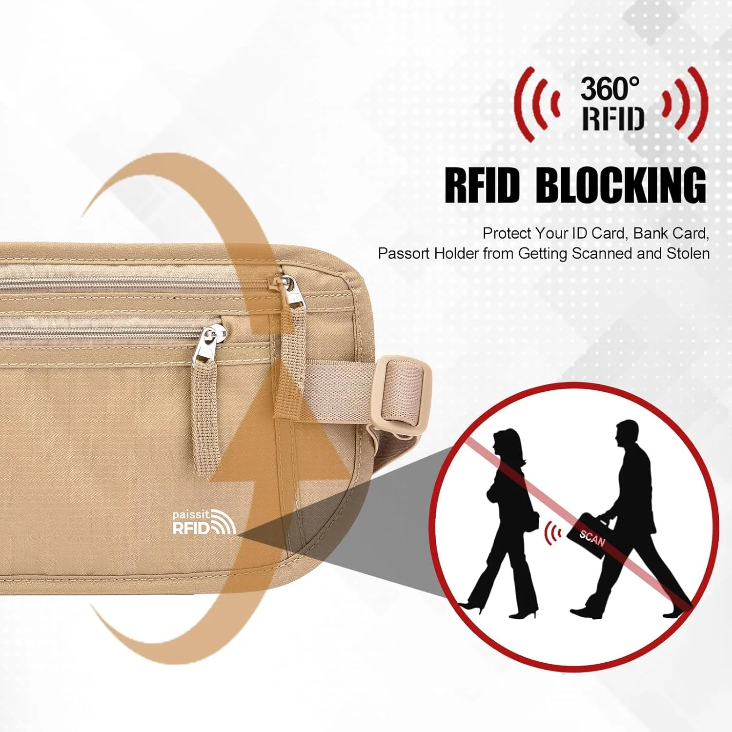 Unisex Money Belt For Men and Women, Slim Passport Holder RFID Blocking Travel Essentials Pouch with Adjustable Strap Small Waist Pouch for Workout Running Travelling Hiking, Beige