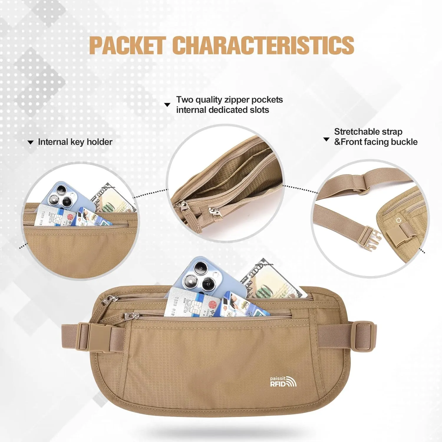 Unisex Money Belt For Men and Women, Slim Passport Holder RFID Blocking Travel Essentials Pouch with Adjustable Strap Small Waist Pouch for Workout Running Travelling Hiking, Beige