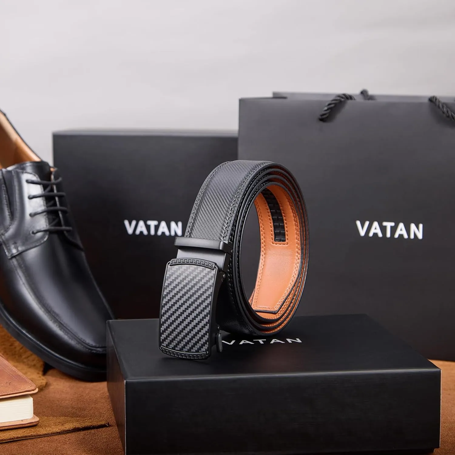 VATAN Men's Belt Leather Ratchet Belt for Men Dress Casual Every Day with Adjustable Buckle, Trim to Fit