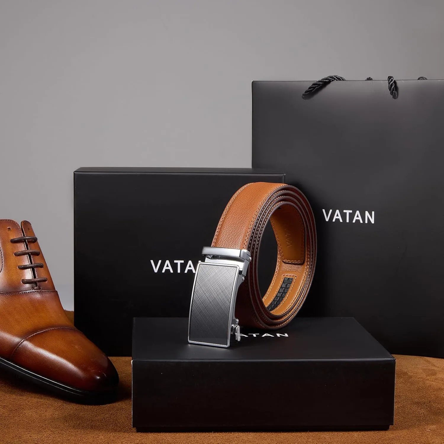 VATAN Men's Belt Leather Ratchet Belt for Men Dress Casual Every Day with Adjustable Buckle, Trim to Fit