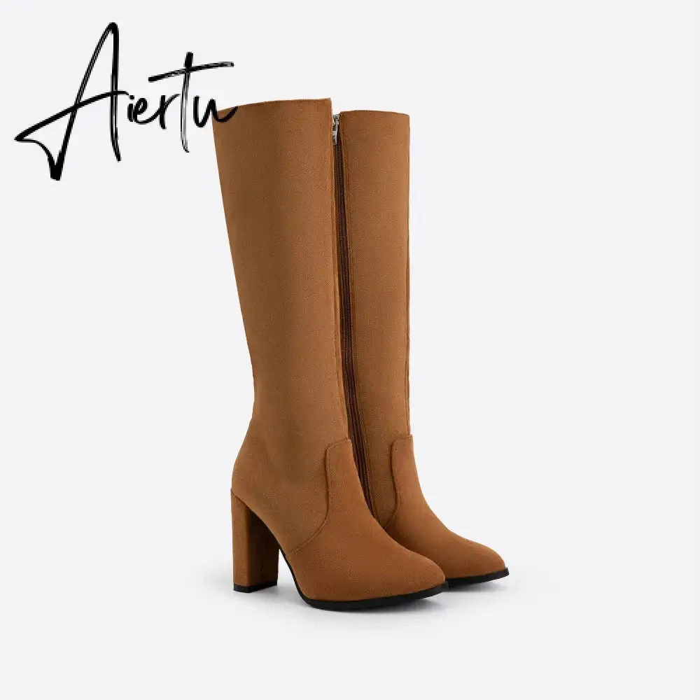Women Chunky High Heeled Retro Side Zip Below Knees Boots
