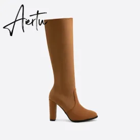 Women Chunky High Heeled Retro Side Zip Below Knees Boots