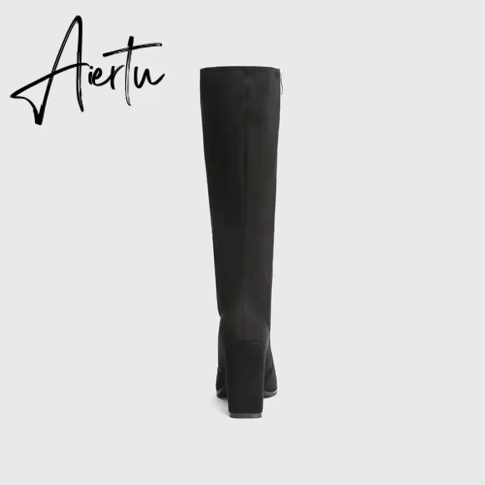 Women Chunky High Heeled Retro Side Zip Below Knees Boots
