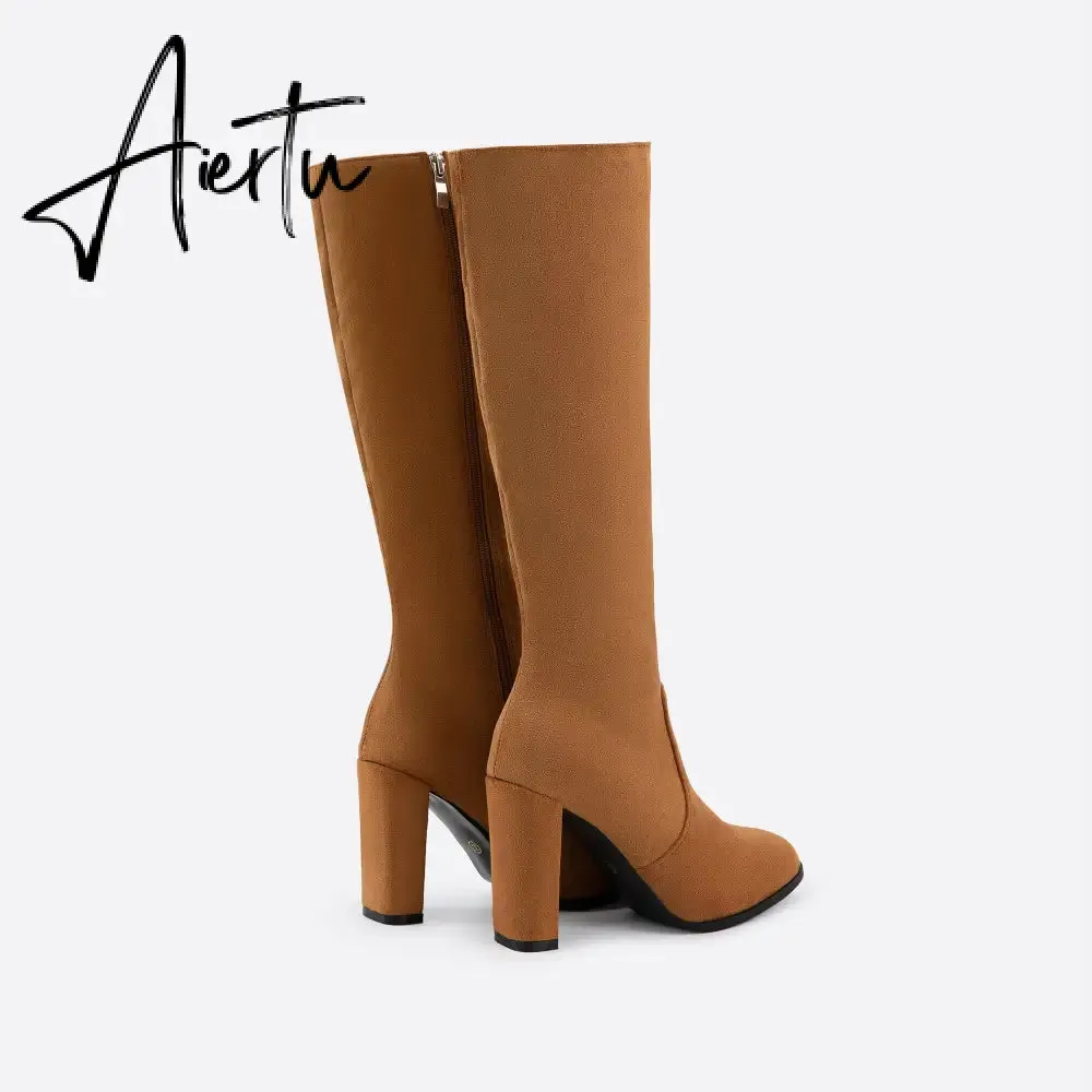 Women Chunky High Heeled Retro Side Zip Below Knees Boots